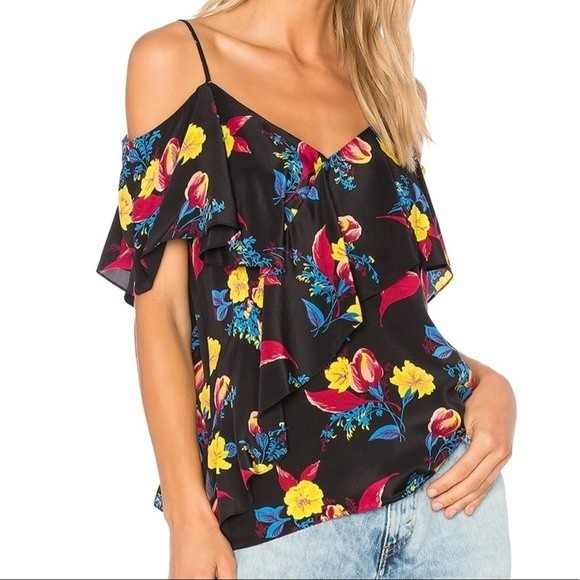 Diane Von Furstenberg Silk Floral Ruffle Cold Shoulder Top - Picture 1 of 6
